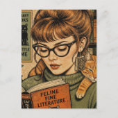 Mooie dame en haar kat lezend briefkaart (Voorkant)