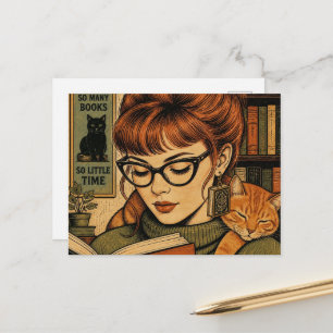 Mooie dame en haar kat lezend briefkaart