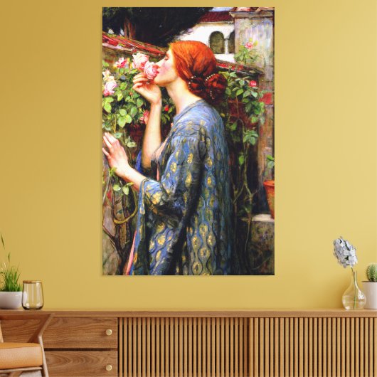 mooie dame en roze roze roze bloem canvas afdruk (Insitu (Woonkamer))