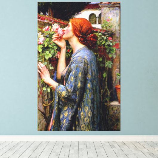 mooie dame en roze roze roze bloem canvas afdruk (Insitu (Houten vloer))