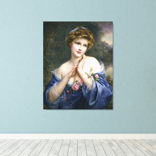 mooie dame in blauw canvas afdruk (Insitu (Houten vloer))