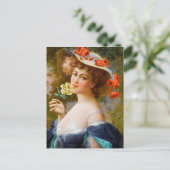  mooie dame in blauw, gele rozenbloem briefkaart (Staand voorkant)