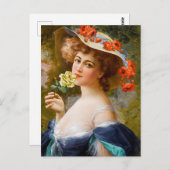  mooie dame in blauw, gele rozenbloem briefkaart (Voorkant / Achterkant)