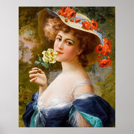 mooie dame in blauw, gele rozenbloem poster (Voorkant)