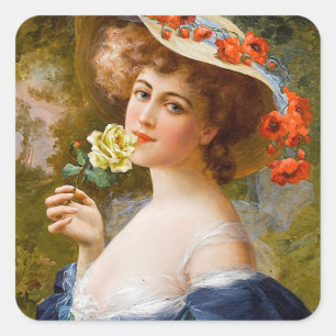 mooie dame in blauwe gele rozenbloem vierkante sticker