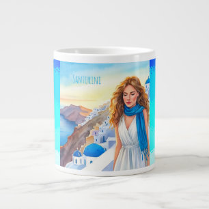 Mooie dame in een blauwe Scraft Genieten van Santo Grote Koffiekop