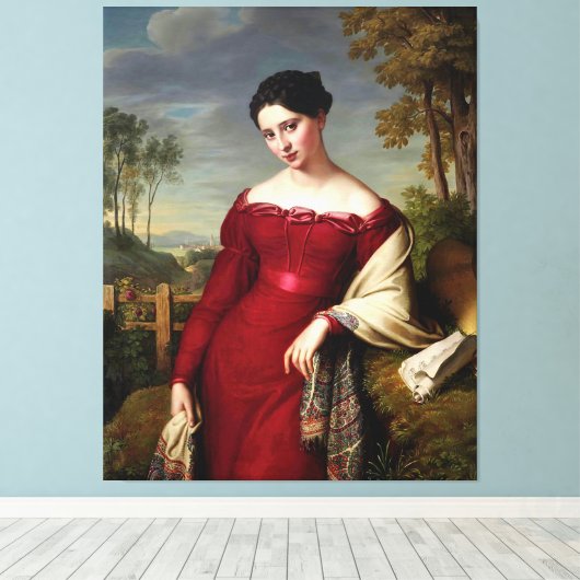 mooie dame in het rood canvas afdruk (Insitu (Houten vloer))