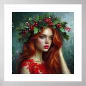 Mooie dame in het rood met Holly Leaves Poster (Voorkant)