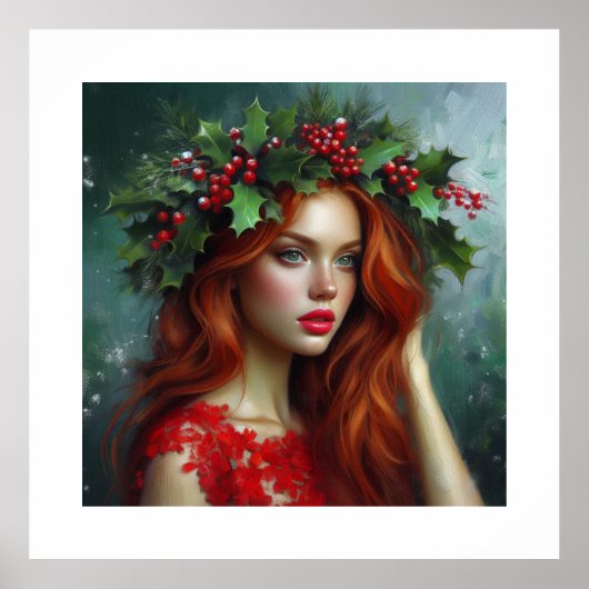 Mooie dame in het rood met Holly Leaves Poster (Voorkant)
