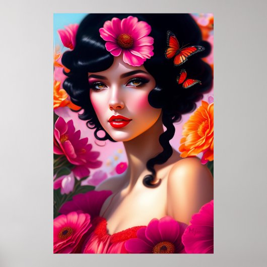 Mooie  dame in het rood poster (Voorkant)