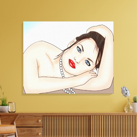 Mooie dame in parels met blauwe ogen canvas afdruk (Insitu (Woonkamer))