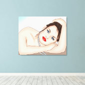 Mooie dame in parels met blauwe ogen canvas afdruk (Insitu (Houten vloer))