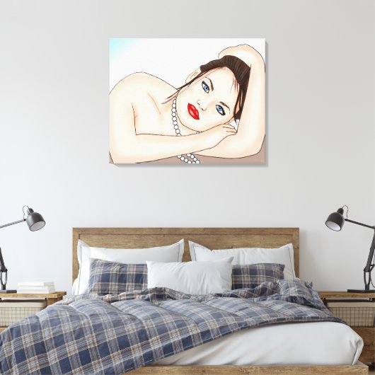 Mooie dame in parels met blauwe ogen canvas afdruk (Insitu (Slaapkamer))