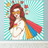 Mooie dame met boodschappentas canvas afdruk (Insitu (Houten vloer))