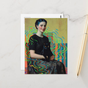 Mooie dame met een zwarte kat Glitch Art Briefkaart