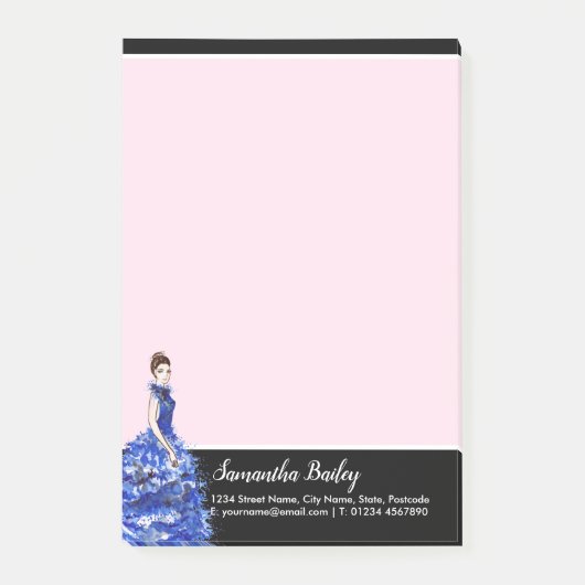 Mooie dame met glinsterende blauwe jurk mode post-it® notes (Voorkant)