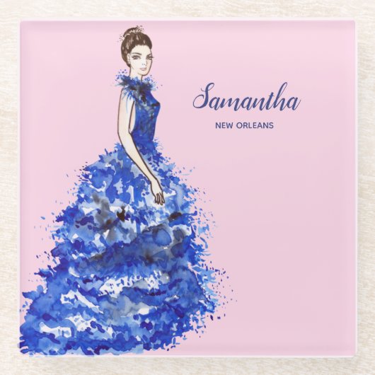 Mooie dame met Mode van de Sparkly Blue Gown Glazen Onderzetter (Voorkant)