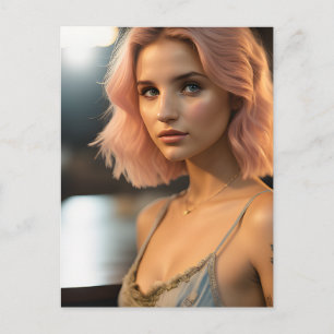 Mooie dame met pastel roze haar briefkaart