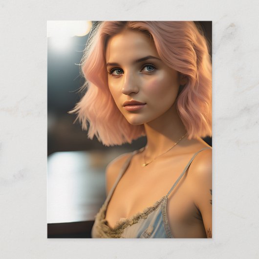 Mooie dame met pastel roze haar briefkaart (Voorkant)