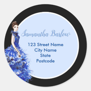 Mooie dame met Sparkly Blue Gown Mode Rect Ronde Sticker