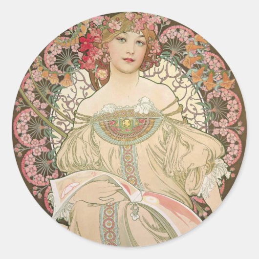Mooie dame - Mucha Ronde Sticker (Voorkant)
