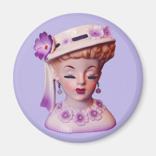 Mooie Dames Hoofd Vaas Paarse Bloemen 1960 Pop Magneet