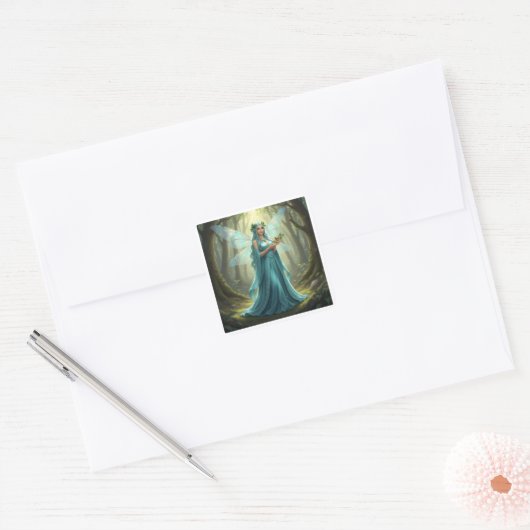 Mooie december turquoise fee vierkante sticker (Envelop)