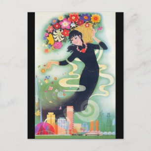 Mooie Deco Asian Woman met wervelingen en bloemen Briefkaart