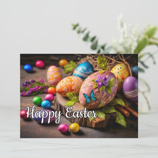 Mooie decoratieve feestelijke paaseieren feestdagenkaart (Staand voorkant)
