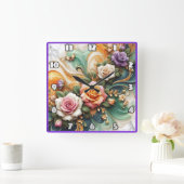 Mooie decoratieve Rozen op kleurrijke achtergrond Vierkante Klok (Huis)