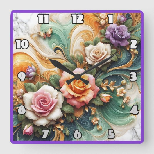 Mooie decoratieve Rozen op kleurrijke achtergrond Vierkante Klok (Voorkant)