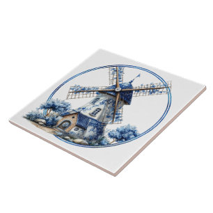 Mooie Delfts Blauwe Aquarel Windmolen Tegeltje