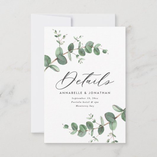 Mooie delicate details van het eucalyptushuwelijk RSVP kaartje (Voorkant)