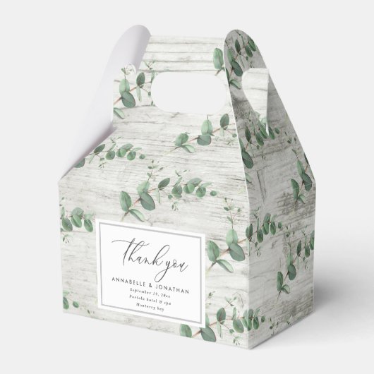 Mooie, delicate eucalyptusbruinbruiloft bedankdoosjes (Achterkant)