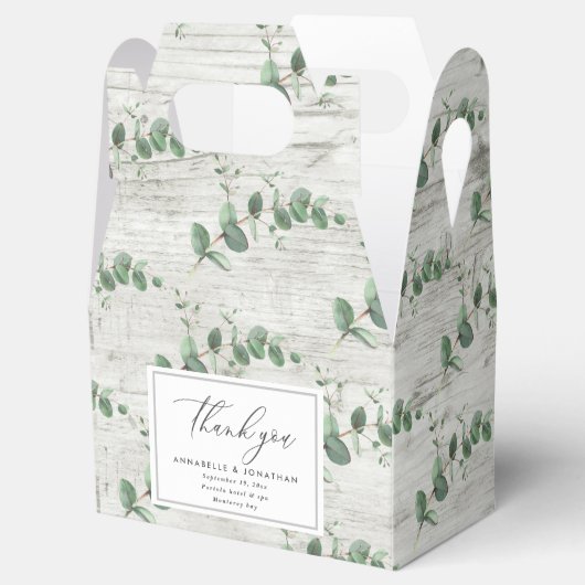 Mooie, delicate eucalyptusbruinbruiloft bedankdoosjes (Geopend)