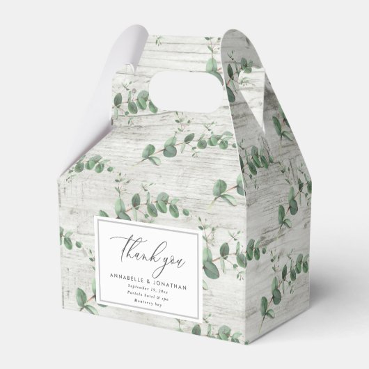 Mooie, delicate eucalyptusbruinbruiloft bedankdoosjes (Voorkant Zijde)