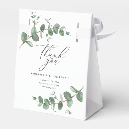 Mooie, delicate eucalyptusbruinbruiloft bedankdoosjes (Achterkant)