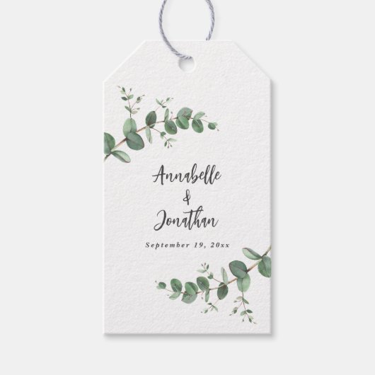 Mooie, delicate eucalyptusbruinbruiloft cadeaulabel (Voorkant)