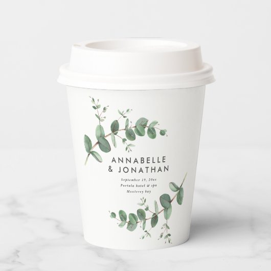 Mooie, delicate eucalyptusbruinbruiloft papieren bekers (Achterkant)