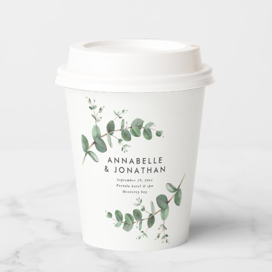 Mooie, delicate eucalyptusbruinbruiloft papieren bekers (Voorkant)
