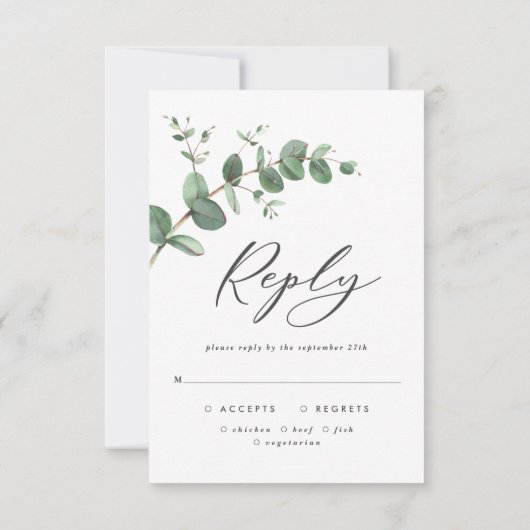 Mooie, delicate eucalyptusbruinbruiloft RSVP kaartje (Achterkant)