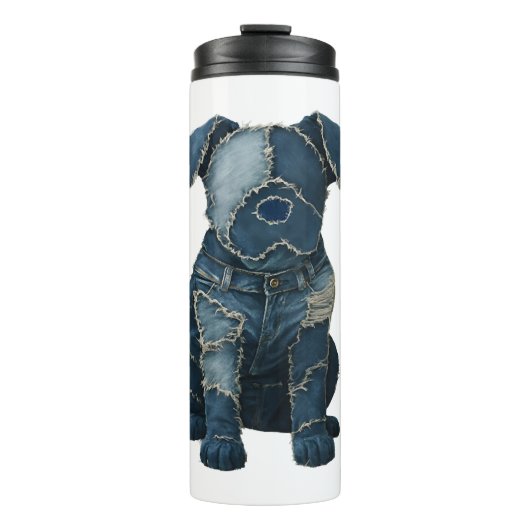 Mooie Denim Patchwork Kunst Hond T-Shirt Thermosbeker (Voorkant)