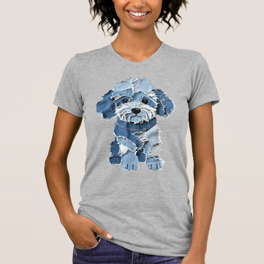 Mooie denim patchworkhond illustratie t-shirt (Voorkant)
