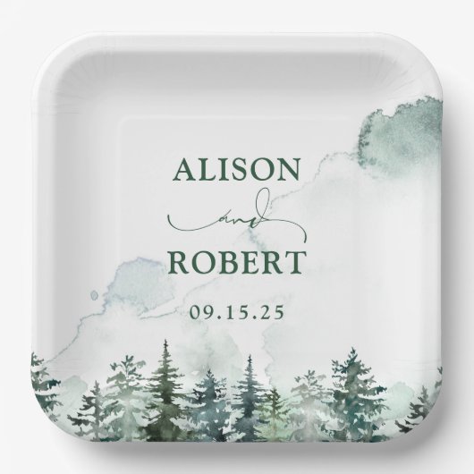 Mooie dennenbomen bos aangepaste bruiloft papieren bordje (Voorkant)