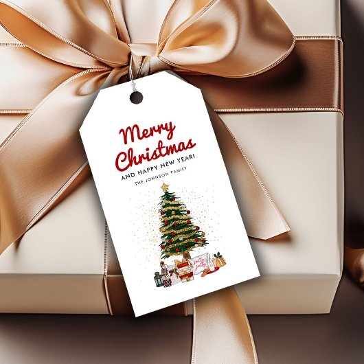 Mooie dennenboom script Gelukkig Kerstfeest Cadeaulabel