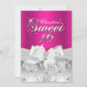 Mooie diamanten strik hete roze Sweet 16 uitnodigi Kaart (Voorkant)