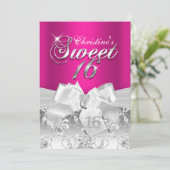 Mooie diamanten strik hete roze Sweet 16 uitnodigi Kaart (Staand voorkant)