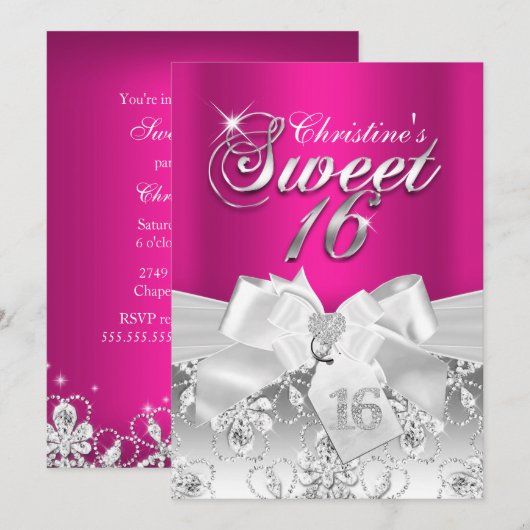 Mooie diamanten strik hete roze Sweet 16 uitnodigi Kaart (Voorkant / Achterkant)
