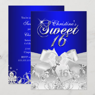 Mooie diamanten strik Royal Blue Sweet 16 uitnodig Kaart