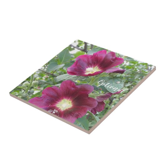 Mooie dieprode bloemen en groene bladeren tegeltje (Zijkant)